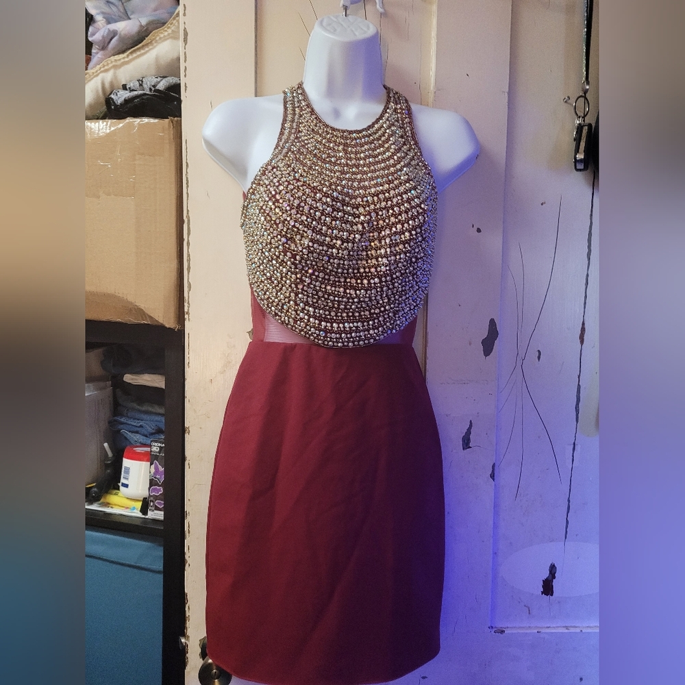 Vienna Prom Gold Embellished Halter Sheath Dress